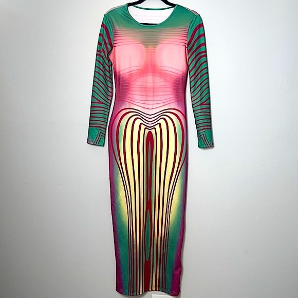 NWT! SHEIN SXY Graphic Multicolored Maxi Stretch Dress M - Picture 2 of 9